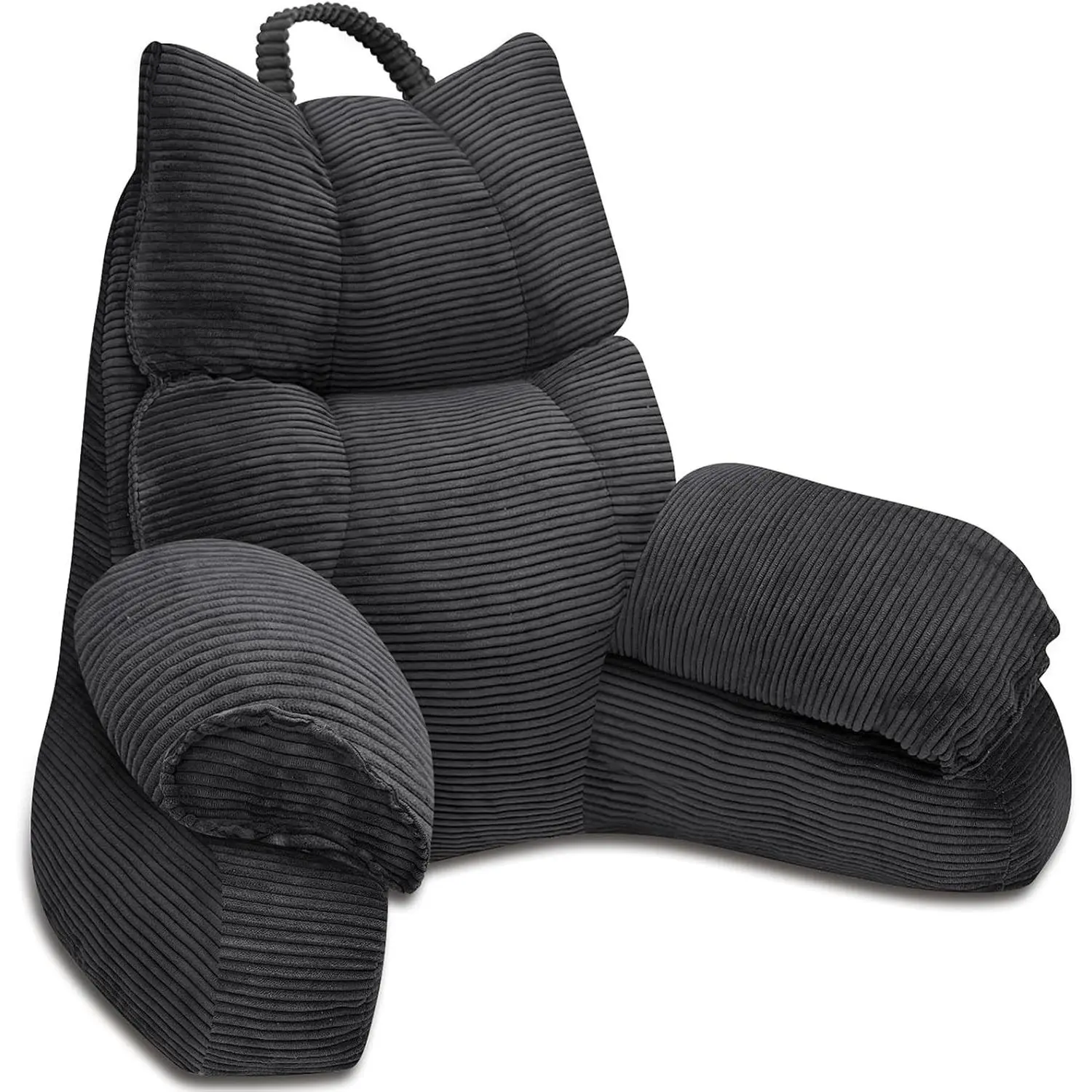 Reading Pillow for Bed with High Arm Rests Back Support Pillow for Sitting Up in Bed with Shredded Memory Foam for Reading TV Gaming or Relaxing on Floor (Grey Black, Large)