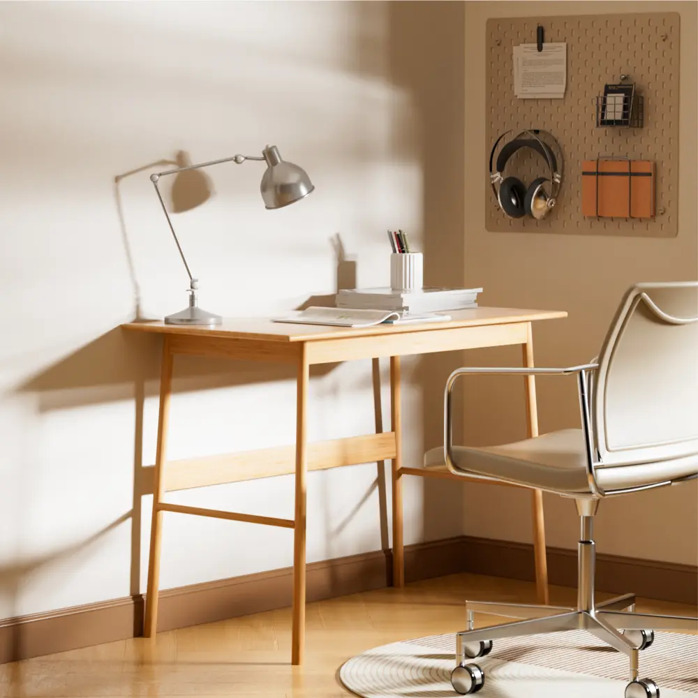Modern Bamboo Computer Desk, Minimalist Writing Desk for Home Office, Stylish Workstation Study Table, Gaming Desk with Spacious Desktop, Wooden Laptop Desk for Bedroom, Office Room, Student Workspace, Simple Contemporary PC Desk Furniture