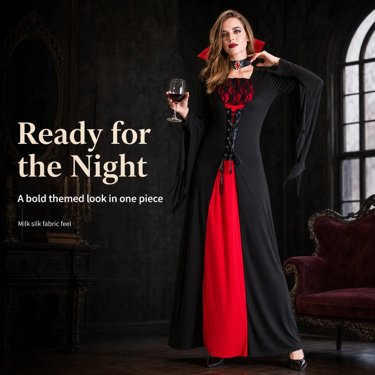 Women's 2-Piece Gothic Vampire Costume Set - Black Red Long Maxi Dress with Collar Choker, Adult Halloween Cosplay Fancy Dress