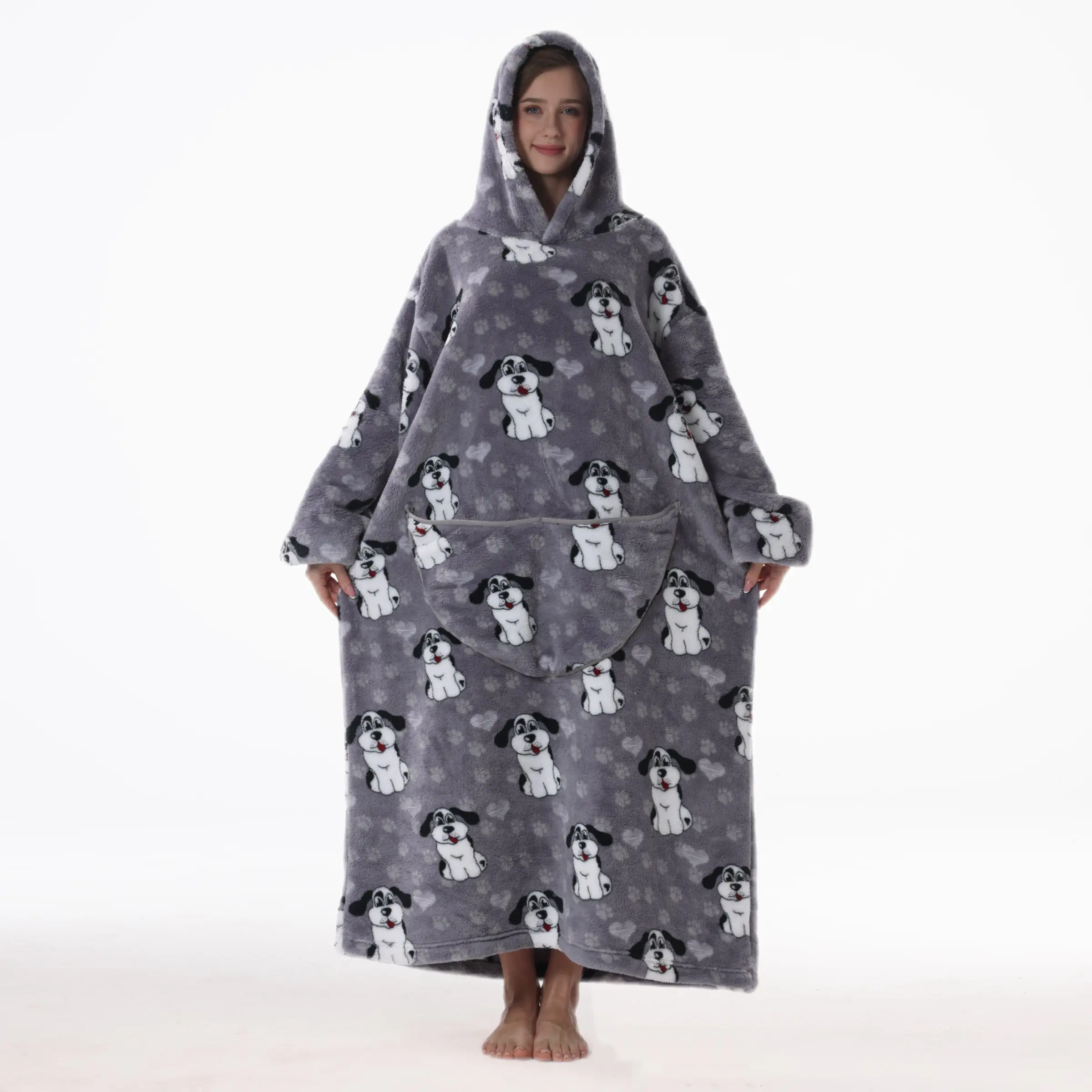 Large Dog Pattern Wearable Blanket Sweatshirt, Ultra Soft Flannel Cape, Unisex Comfort Home Robe, Fun Print Design, Pockets
