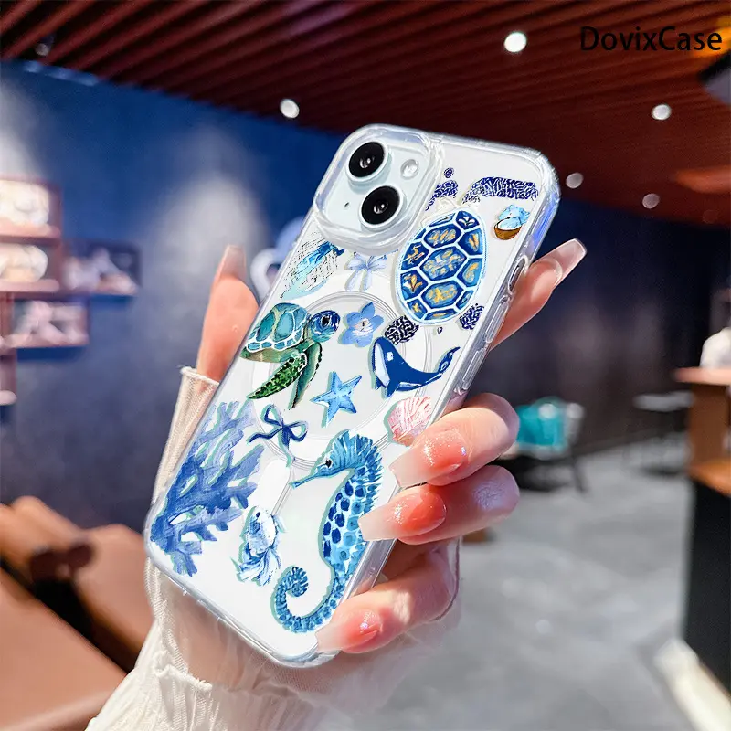 Phone Case - Blue Ocean Sea Turtles Whales Seahorse Coral Stars Transparent Acrylic Magnetic HD Clear Shockproof Printed Phone Case for iPhone 17 E Air Pro ProMax iPhone16 15 14 Plus 13 12 Mini 11 X XS XR Series Full Models Great Gift