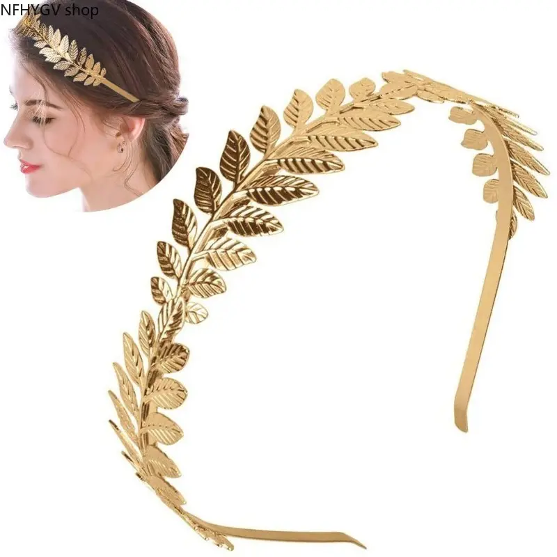Vintage Greek Goddess Gold Laurel Leaf Headband, Asymmetric Single Side Olive Branch Metal Hair Band, Elegant Hair Accessory For Women Bridal Wedding And Formal Event Styling