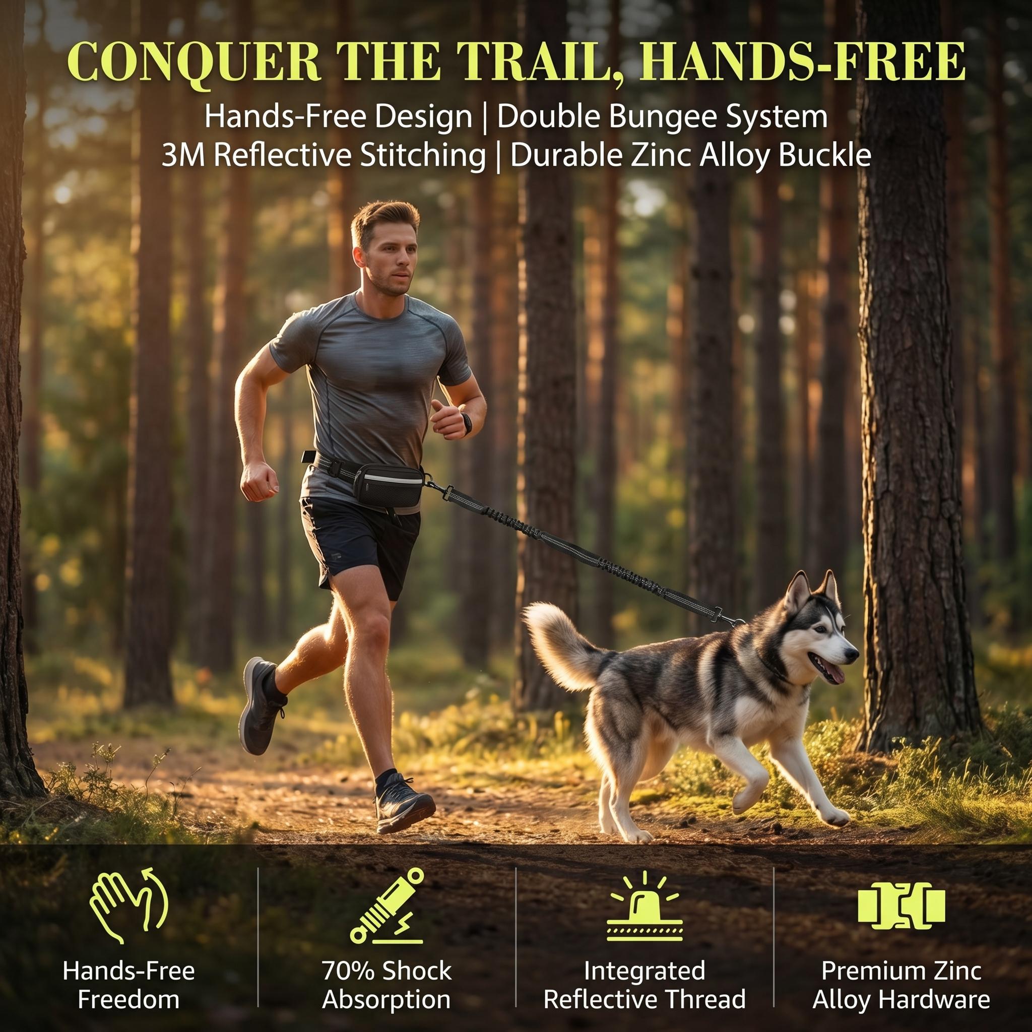 Hands-Free Dog Running Leash with Waist Belt| Adjustable Reflective Bungee Leash, Dual Handles, Shock-Absorbing for Medium & Large Dogs Walking, Jogging & Hiking