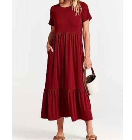 Classy Round Neck Ruched Bodice Solid Flowy A-Line Long Dress