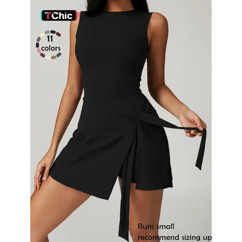 Women's Sporty Wrap Dress, Slim-Fitting Sleeveless Design, Quick-Dry Soft Fabric, Above-The-Knee Length, yoga & Golf dress, Activewear Dress