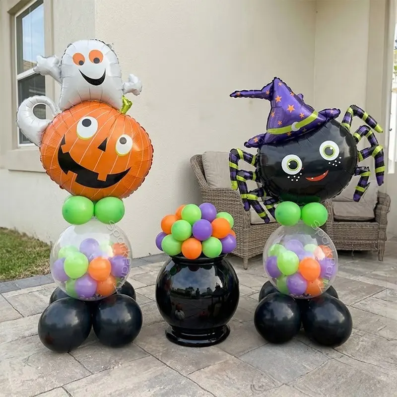 76pcs Vintage Halloween Balloon Stand Set, Pumpkin Ghost/witch Hat Spider Balloons, Colorful Matte Latex Balloons, Transparent Latex Balloons