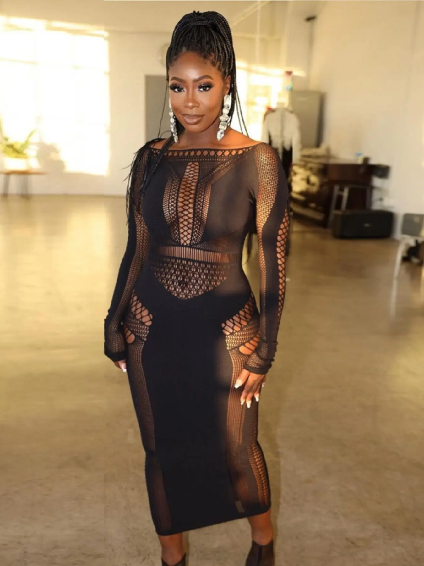long black netted dress Weslyn Black Satin Lace High Slit Dress
