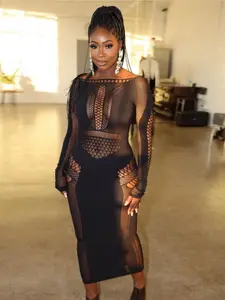 Micro Plus-Size Friendly Mesh Patchwork Long Dress, Sheer Net Lace Hollow Out Evening Gown, Sleeveless Nightclub Wear, Aesthetic