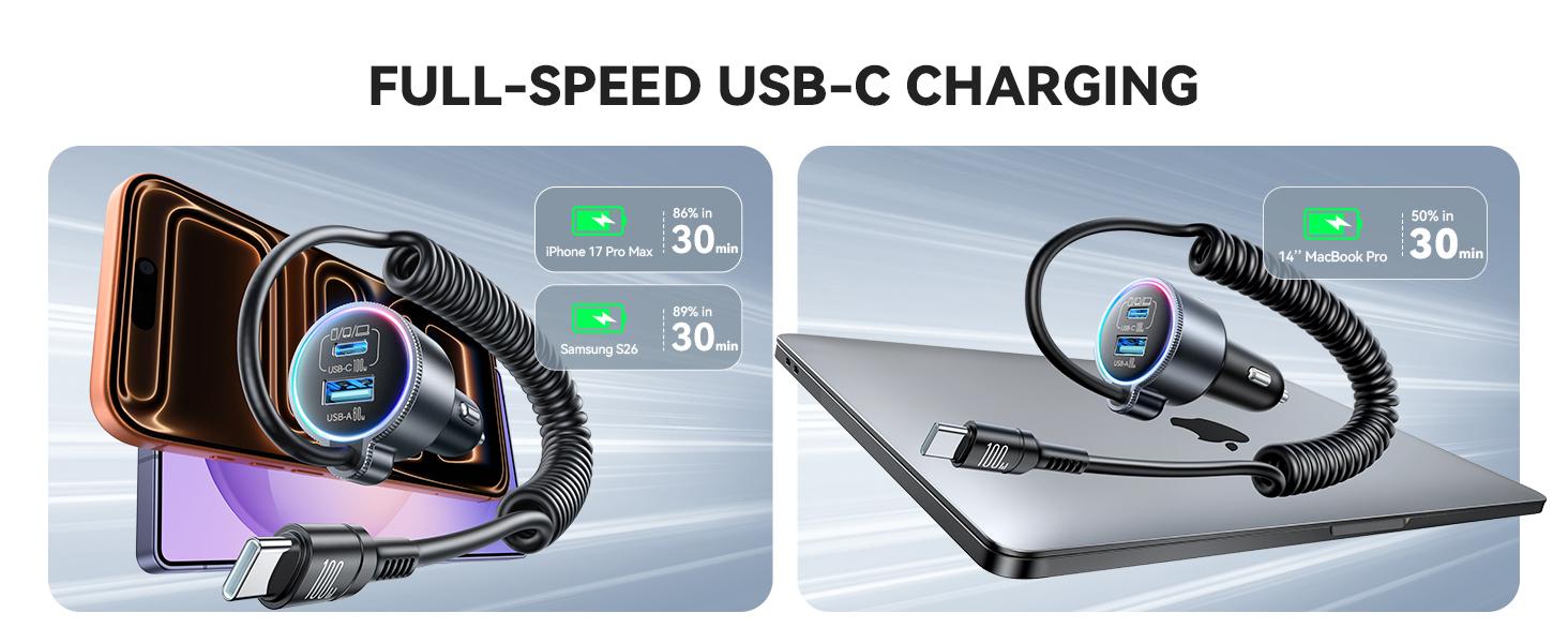 200W Car Charger USB C, PD100W Fast Charge w/100W Type C Fast Charging 5FT Coiled Cable, PD3.0/QC4.0/PPS Cigarette Lighter Phone Adapter for iPhone 17/16 ProMax, MacBook Pro/Air, Samsung S26/S25, iPad