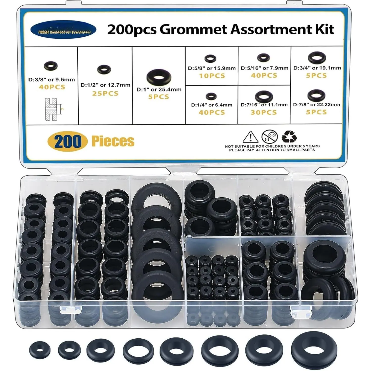 200 count Hollow Rubber Grommet Firewall Hole Plug , Rubber Grommet kit 1/4", 5/16", 3/8", 7/16", 1/2", 5/8", 3/4'', 7/8", 1''
