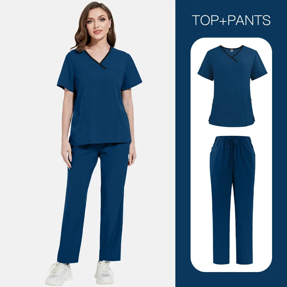QRTwo-tone unisex thin solid color short-sleeved long pants workwear set for doctors, nurses, beauty salon staff, and construction site workers, Cold Wash, Pants+Top, Solid Fabric
