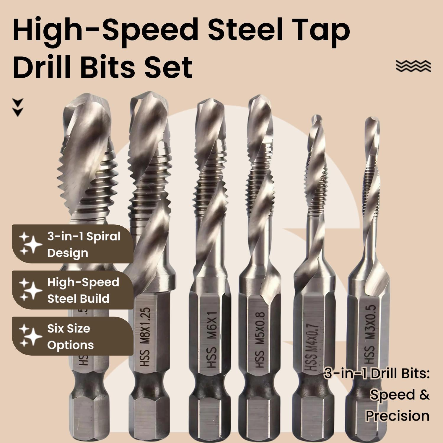 3 In 1 Spiral Tap Hex Shank Drill Bit Set,M3/M4/M5/M6/M8/M10 Drill Bits High Speed Steel,Professional Drill Accessories For Woodworking,Power Tool Accessories, Heavy Duty,Hardware, Cutting, Metal, Durable.