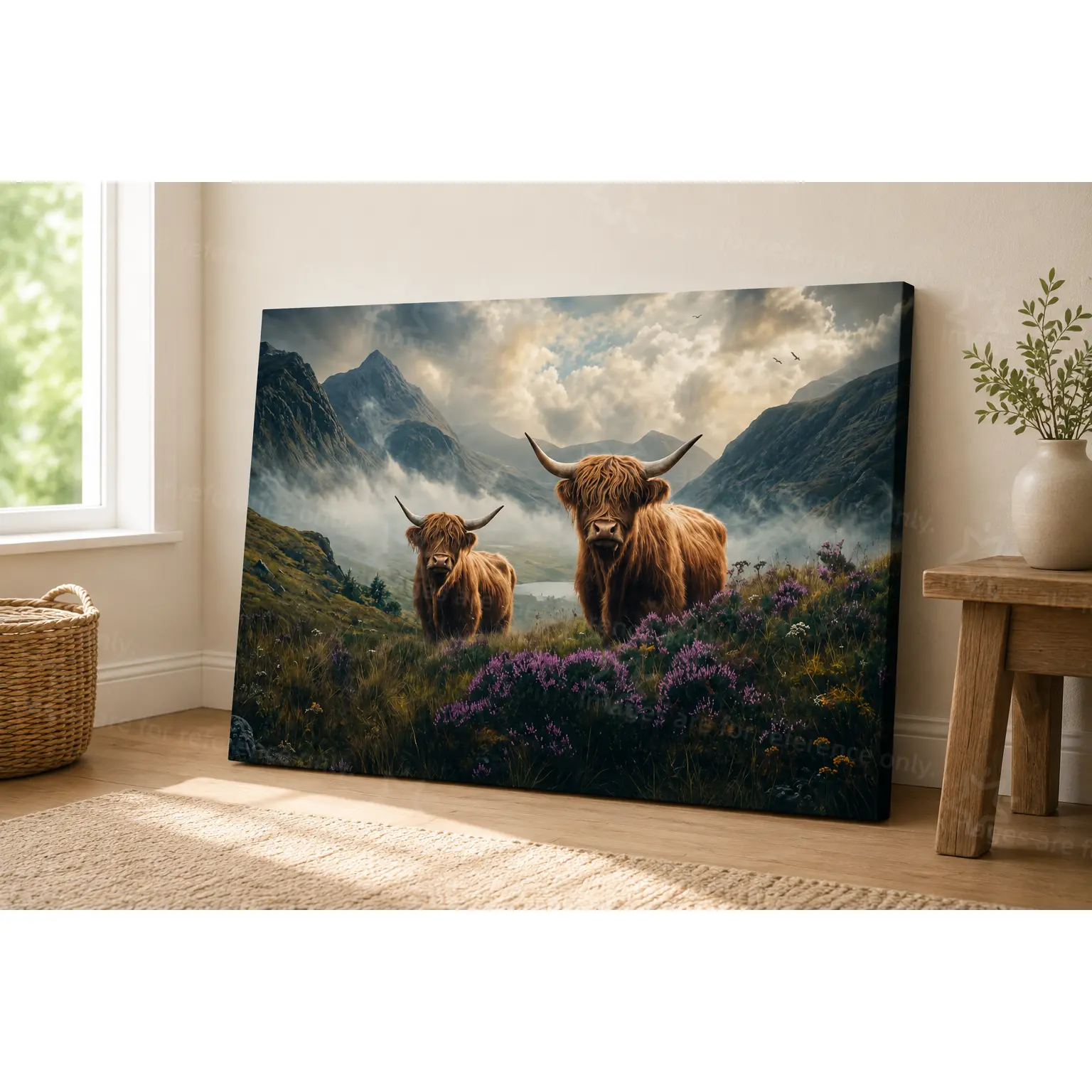 Scottish Highland Cattle Canvas Art Poster - Fluffy Cattle, Misty Mountain Purple Heather Landscape, Lightweight Artistic Artwork Frames, Rural Home Decor for Living Room Farmhouse, Decoration
