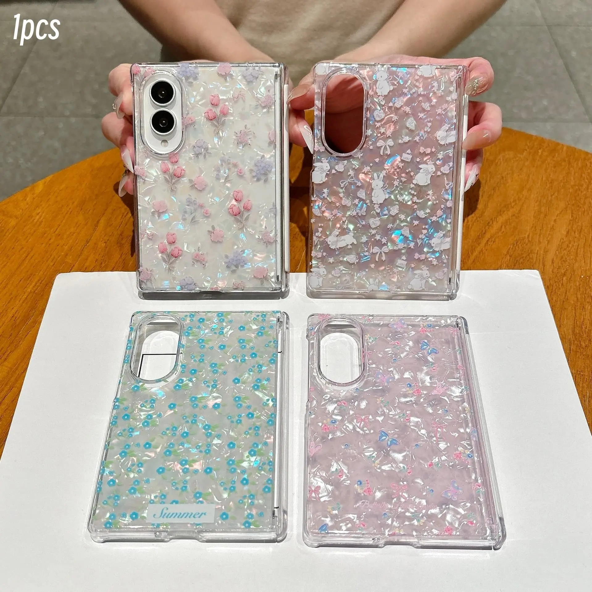 Transparent Thick Anti-Drop Phone Case, Shell Pattern Rabbit Design, Full Coverage Hinge, Suitable for Samsung Galaxy Z Fold 8
