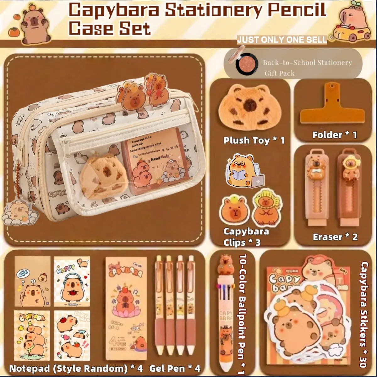 33pc Capybara Clamshell Large Capacity Transparent Pen Bag, Multi-Layer Storage Zip-Up Design Student Pencil Case, Stationery Supplies, Office Supplies, Holds 80 Pens