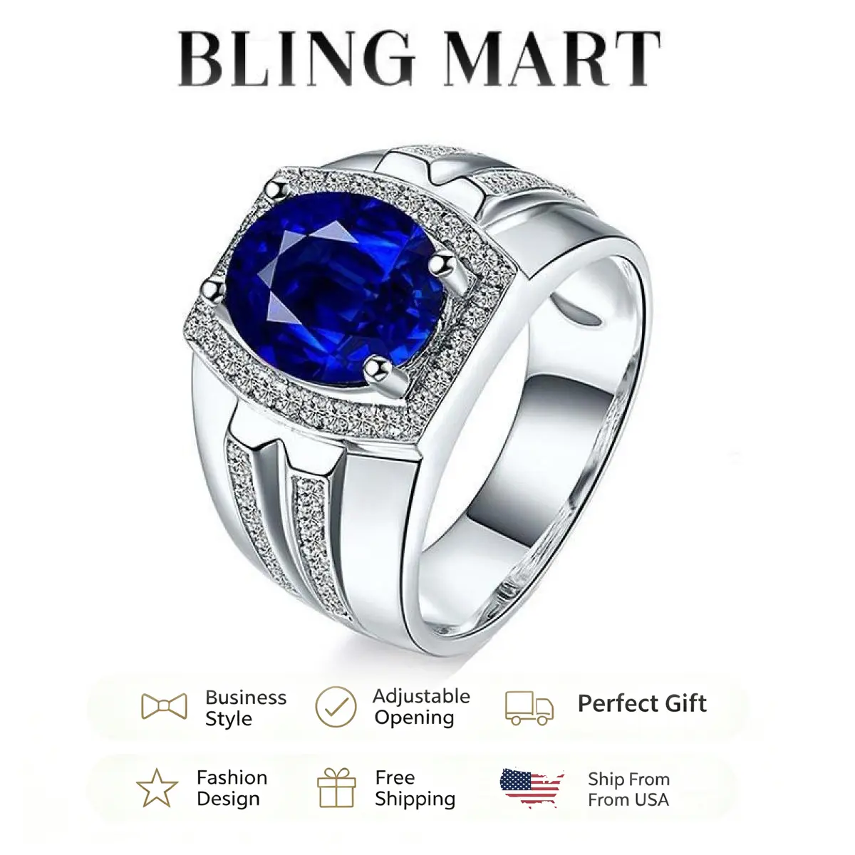 Bright Smooth Dark Blue Matte Titanium Promise Ring for Men, Noble Domineering Velvet Style Jewelry Perfect for Anniversary, Birthday Gif Emerald Cut Ring Artificial Gemstone Ring