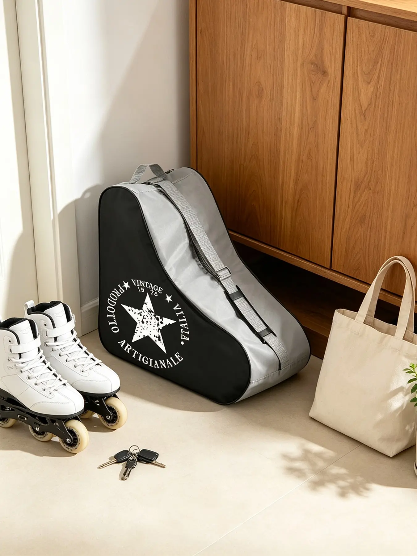 Trendy Street Star Pattern Roller Skate Gear Bag, Thick Oxford Fabric, Handheld Crossbody Dual Use, Large Capacity Outdoor Backpack