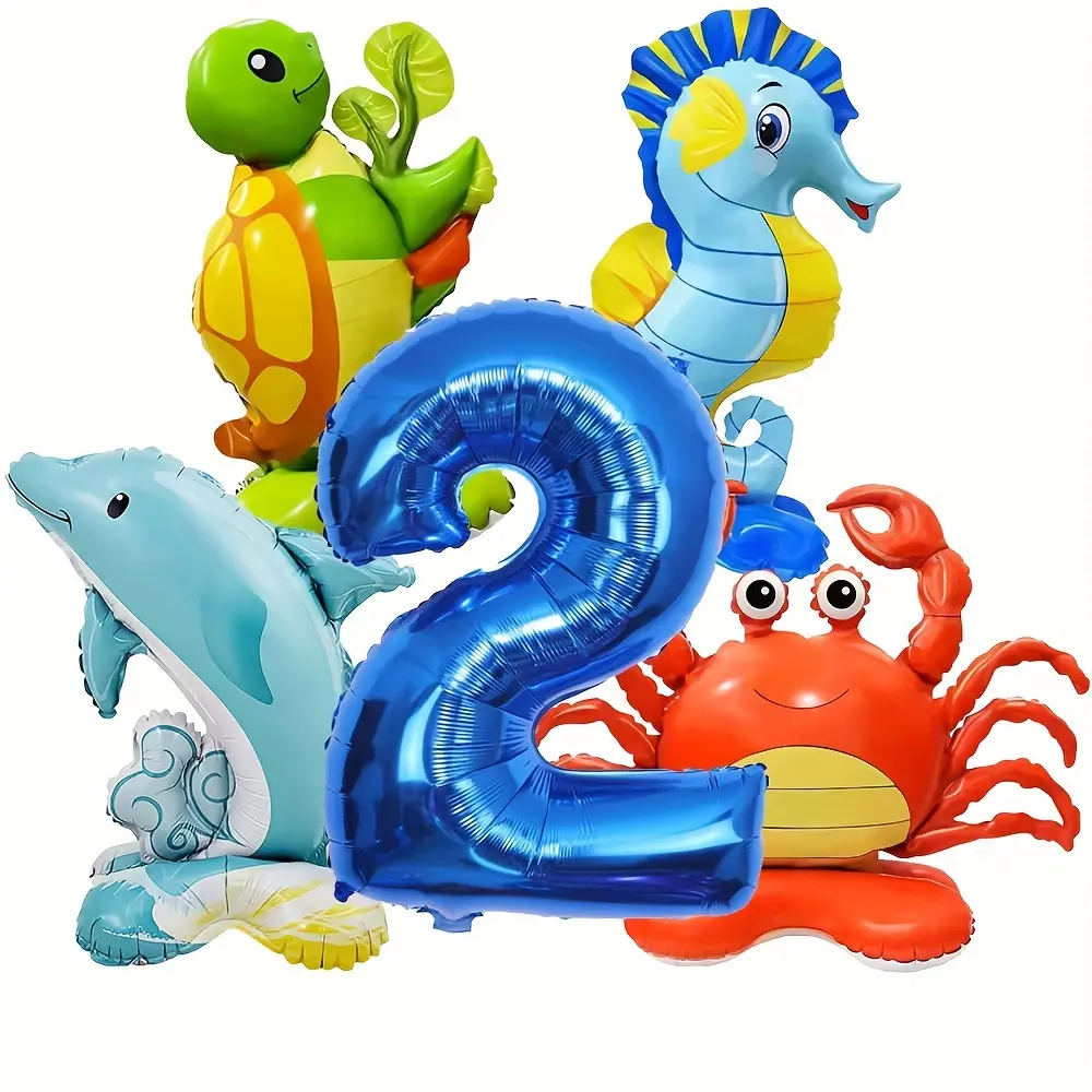5-piece ocean-themed animal foil balloon set, Party Balloons Decorations, includes marine creature balloons, crab, seahorse, dolphin, and turtle, perfect for underwater-themed events, children's birthday decorations, and aquarium anniversary celebrations
