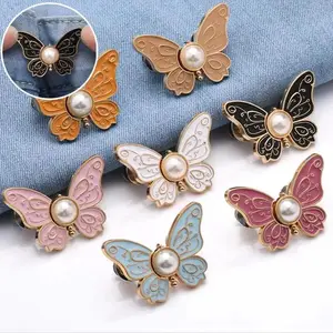 Female 5pc Decorative Safety Pin Jewelry Sets, Butterfly Waist Button Pants Tightener, No-Sew Reusable Adjustable Cinch Clip, Clothing Alteration Accessory for Jeans Skirts Dresses