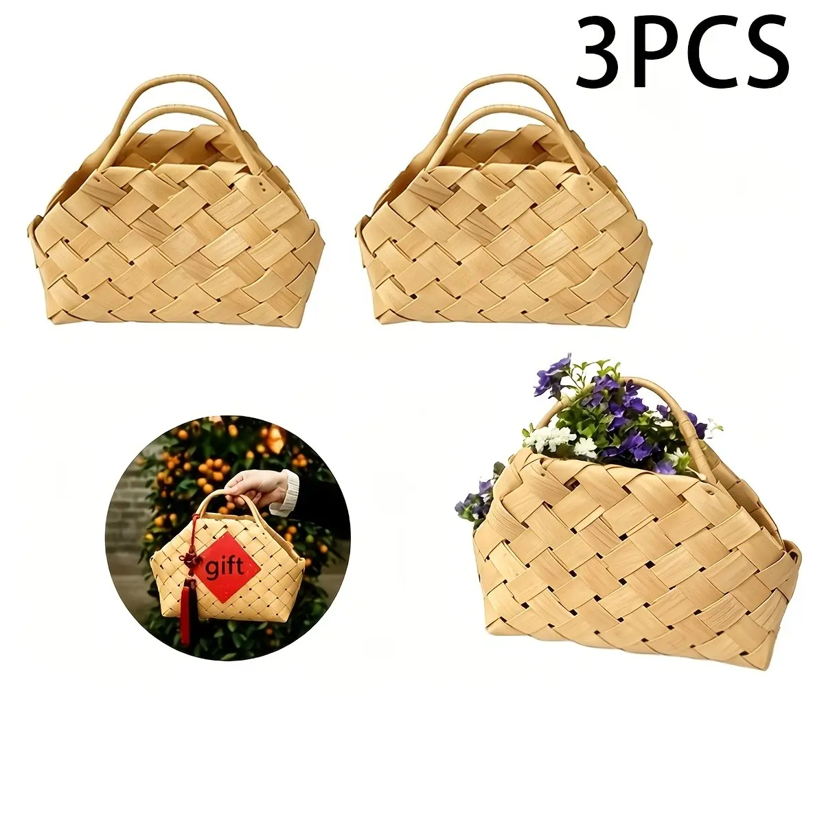 3pcs Yellow Handmade Large Woven Wood Chip Basket New Chinese Wedding Gift Favor Packaging Basket