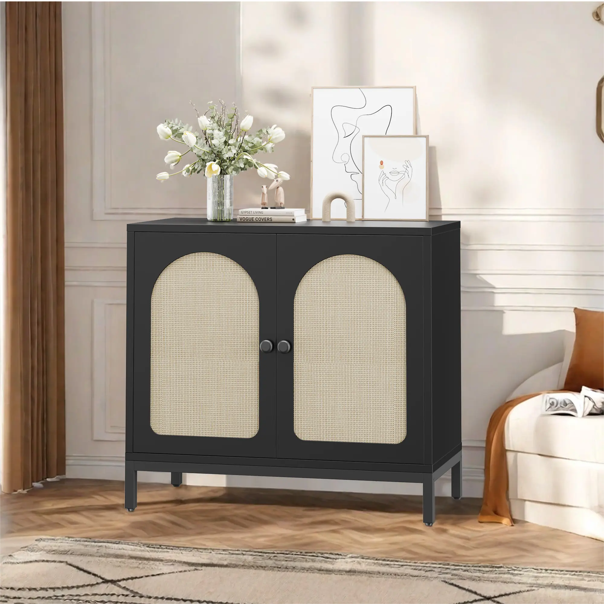 Boho Rattan Buffet Sideboard Cabinet - Arched Doors, Adjustable Shelves, Walnut-Style Frame, Black Metal Legs, Storage Credenza for Dining Room, Kitchen, Entryway
