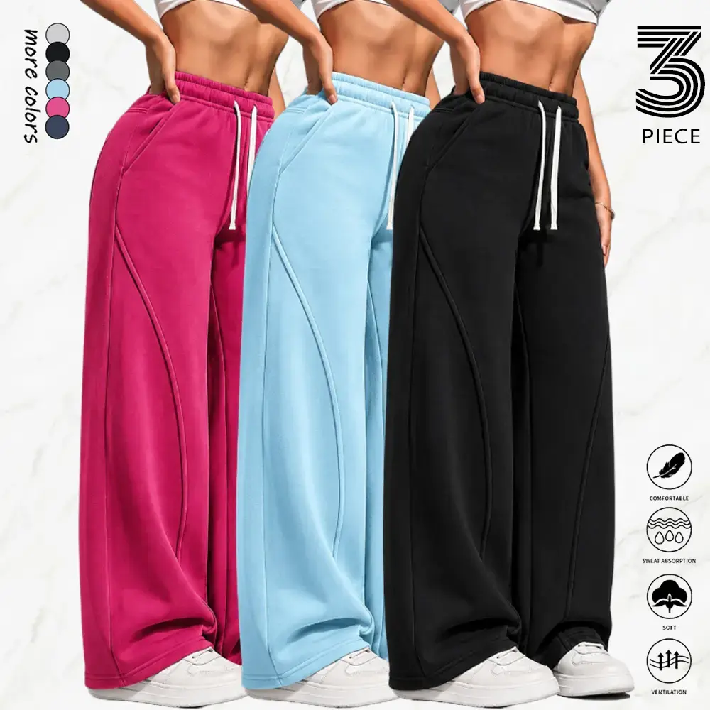 Soft cotton wide leg sweat pants with elastic drawstring waist and unique curved seam detail, loose draped silhouette, breathable casual bottoms, fashionable daily essential for versatile women's clothing matching.
