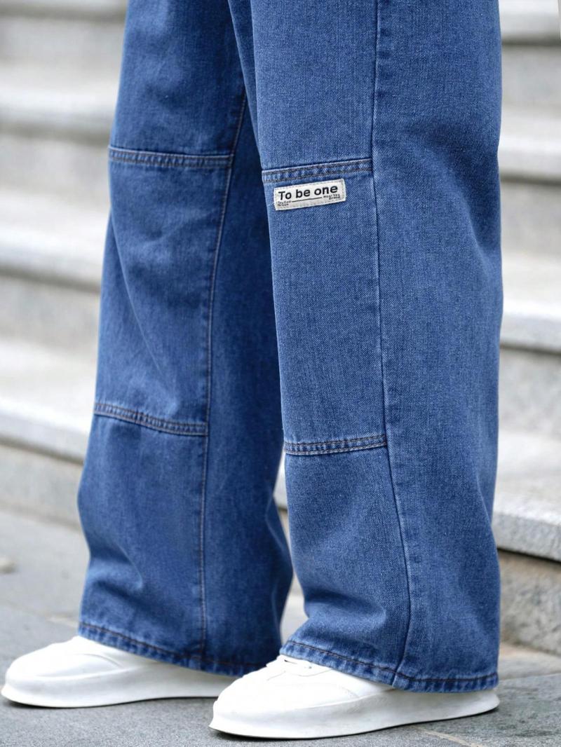 Men's Letter Patched Pocket Button Fly Wide Leg Jeans, Relaxed Fit Jeans, Loose Casual Style Denim Trousers for Daily Wear, Fashion Men's Bottoms for All Seasons, Jeans for Men, Cotton, Long Pants, Menswear