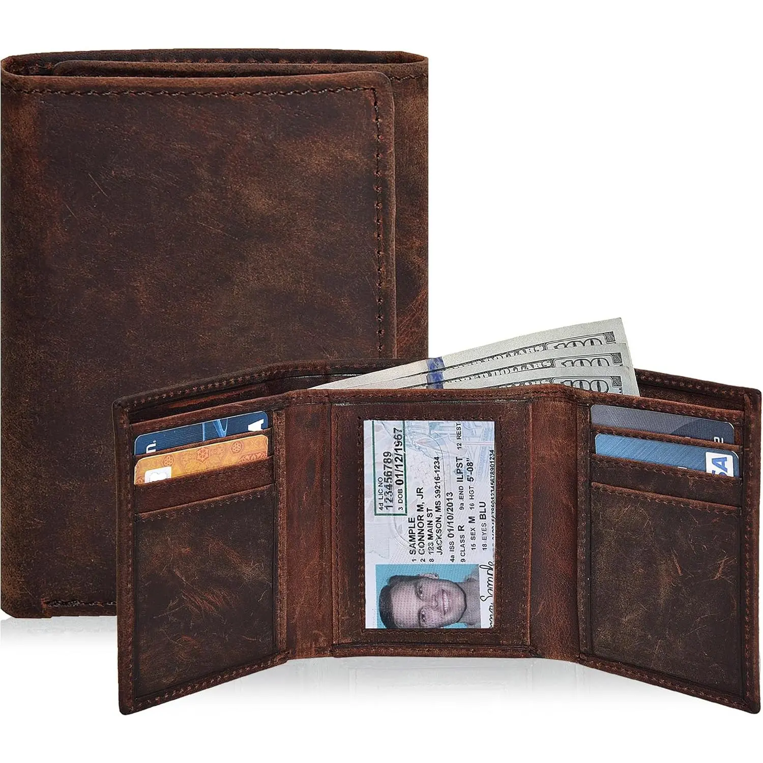 Mens Real Leather Trifold Wallet With RFID Blocking Slim Minimalist Front Pocket Structure Built-In Clear ID Window Packaged In Gift Box For Daily Commute Card Storage And Holiday Gifting