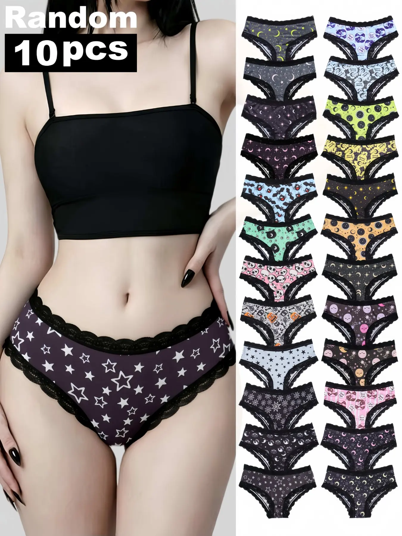 Random 10-Pack Women's Hipster Thong Underwear Set, Hipster Panties, Contrast Lace, Gothic Skull Print, Comfortable Casual, All Seasons, Drop Waist, Knitted Stretch Underwear, outfitinspo & baddie & halloween & lingerie & theboys