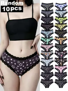 Random 10-Pack Women's Hipster Thong Underwear Set, Contrast Lace, Gothic Skull Print, Comfortable Casual, All Seasons, Drop Waist, Cartoon Pattern, outfitinspo & baddie & halloween & lingerie & theboys