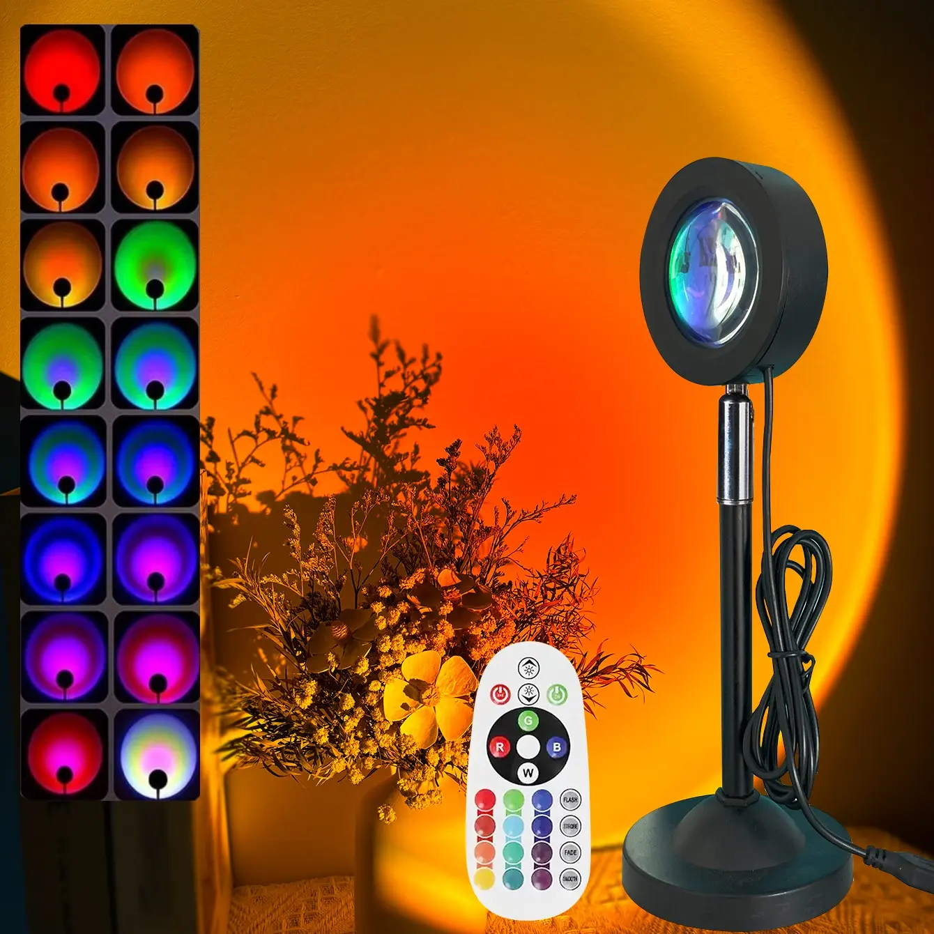 RGB Projector Sunset Lamp, USB 5v Input, 16 Colorful Remote Control, Festival Party Night Light, Room Decoration, Home Wall Deco, Projector Lighting, Electronic Lights