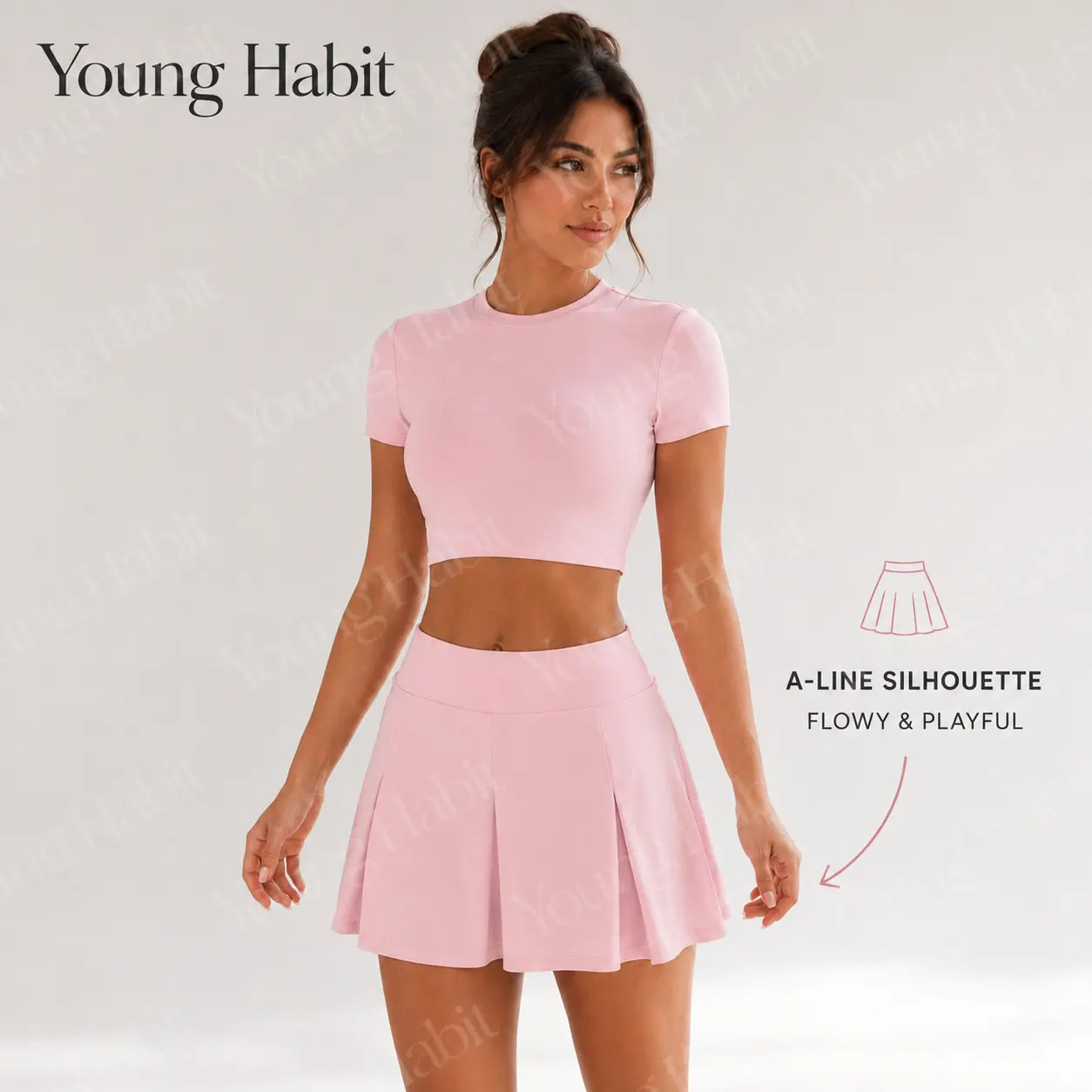 Young Habit Women's Tennis Set, Casual Sportswear, Gym Sets, High-Waisted Yoga Skirt Two-Piece Set, Slim-Fit, All Seasons, Athletic Clothing Set, Ideal for Gym and Outdoor Activities