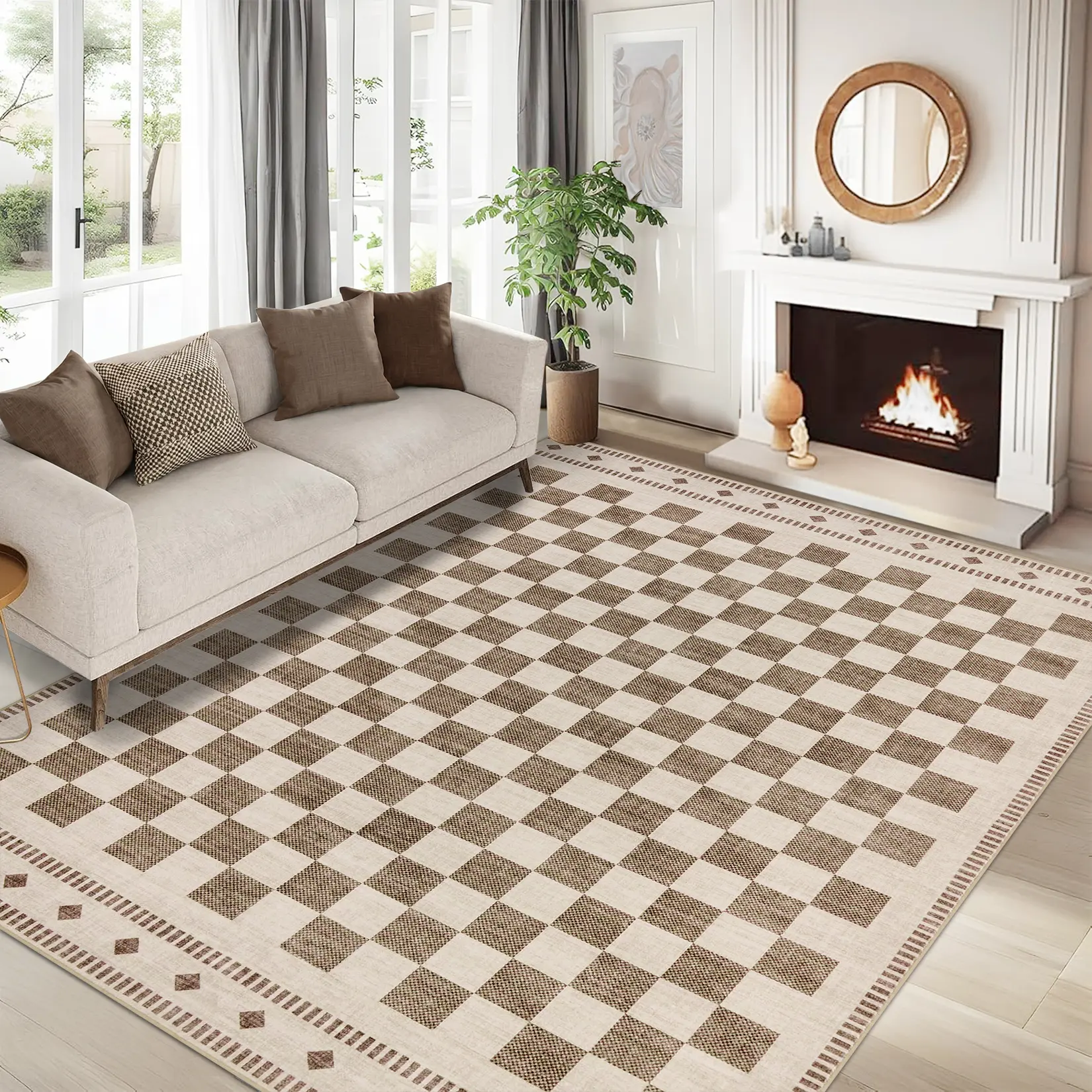 Washable Checkered Indoor Modern Area Rugs for Living Room, Minimalist Contemporary Bedroom Rug with Non Slip Back Low Pile Ultra Thin Large Floor Carpet for Dining Room Office Stain Resistant Floor Mat