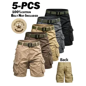 5-PACK Men Vintage Cotton Cargo Shorts Mid Waist Straight Knee Chino Bottoms Loose Fit Soft Breath Summer Multi Pocket Casual Pants Outdoor Hiking Walking Daily Travel Trendy Male Streetwear Light Solid Color Daily Holiday Weekend Daily Casual Walking