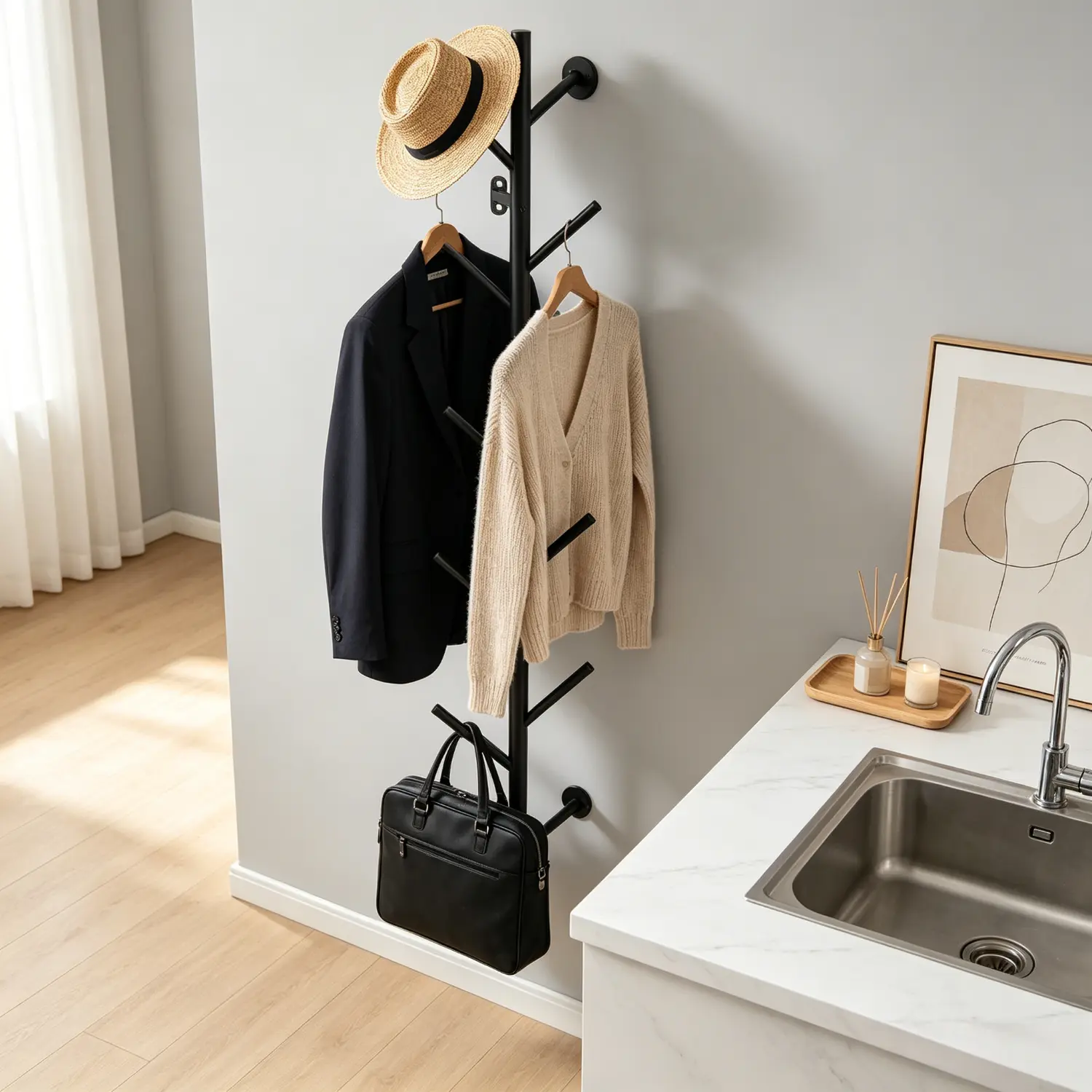 SICANDAENHK Modern Minimalist Black Wall-Mount Branch-Style Coat Rack, Rust-Proof Multi-Prong Metal Home Supplies Organizer (1.76 lb, 120 lbs Capacity) with 10 Hooks for Entryway, Bedroom