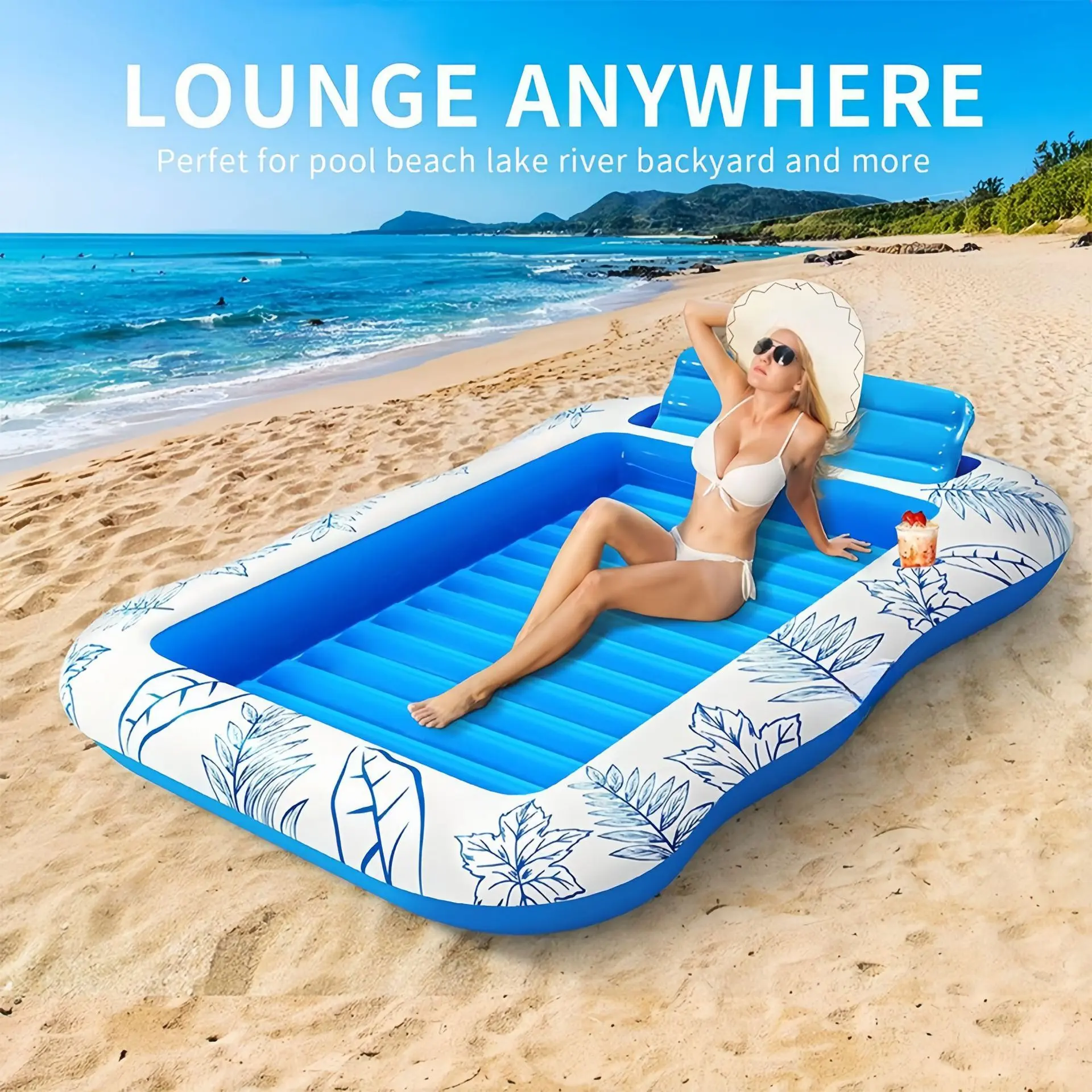 Inflatable Maple Leaf Floating Bed with Backrest, 214x145cm Pool Swimming Ring Raft