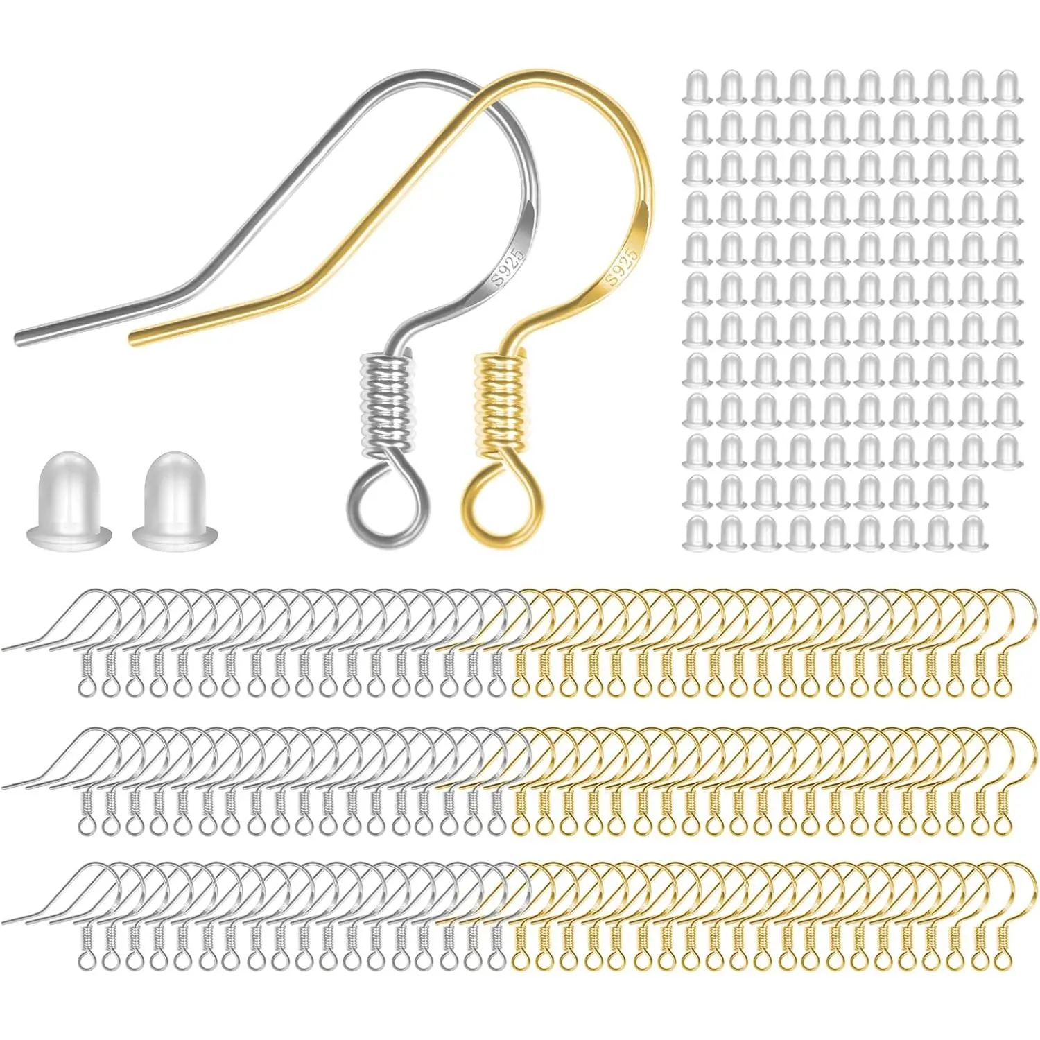925 Sterling  Earring Hooks, Ear Wires Fish Hooks | 120 count/60 Pairs, ,  Findings  with 120 count Rubber Earring Backs Stopper for DIY  Making