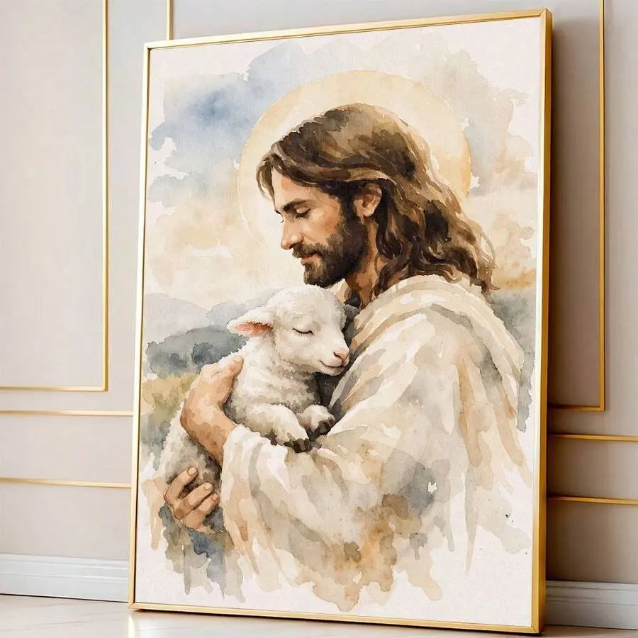 1pc/Set Watercolor Jesus Holding Lamb Canvas Poster Prints, Good Shepherd Religious Wall Decor, Soft Pastel Christian Faith Poster For Living Room Study Prayer Space, Room Decor Aesthetic,No Frame Include