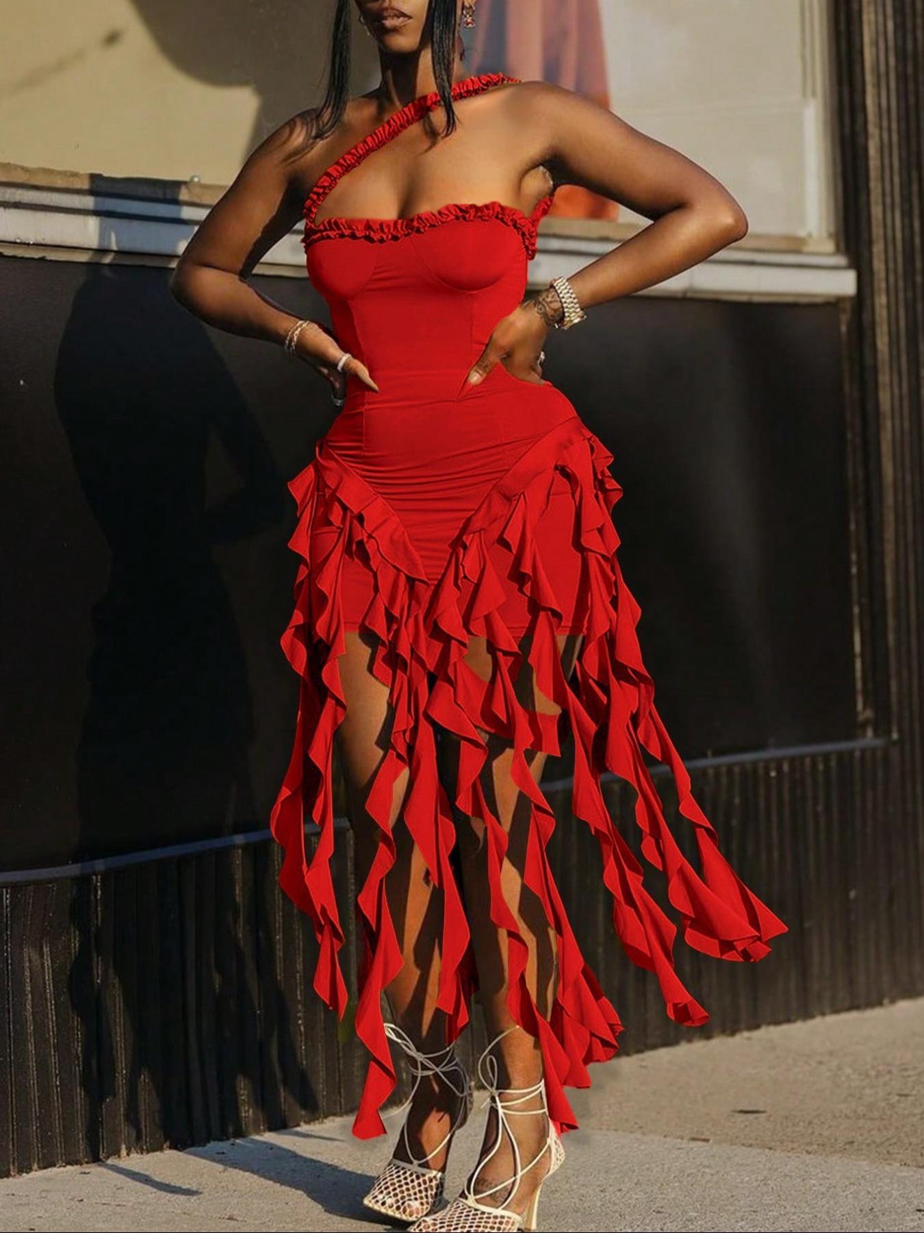 Women's Solid Color Ruffle Trim Frilled Dress, Fashion Casual Fabric Sleeveless Dress for Daily Outdoor Wear, Ladies Clothes for All Seasons, Embellished Dress