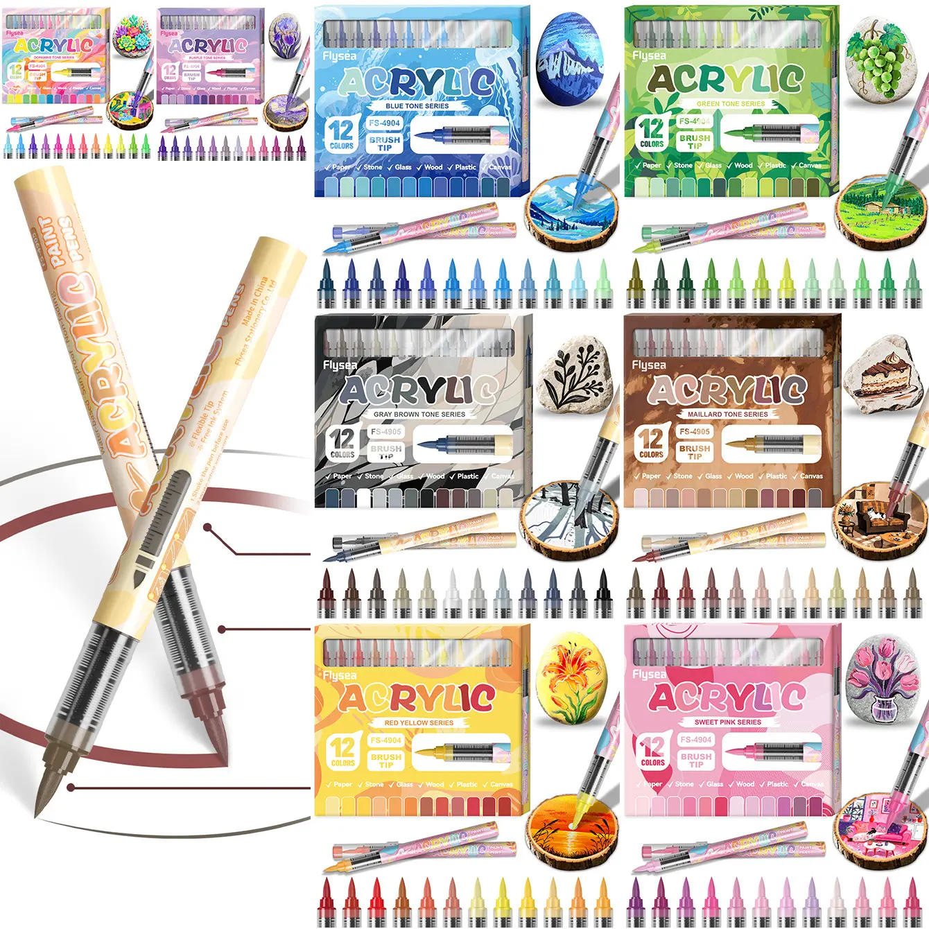 Flysea Liquid Acrylic Markers, 72 Skin Colors & 36 Macaron Shades, 12/24 Gradual Color Set, Professional Art Tools, Premium Art Supplies, Perfect Gift