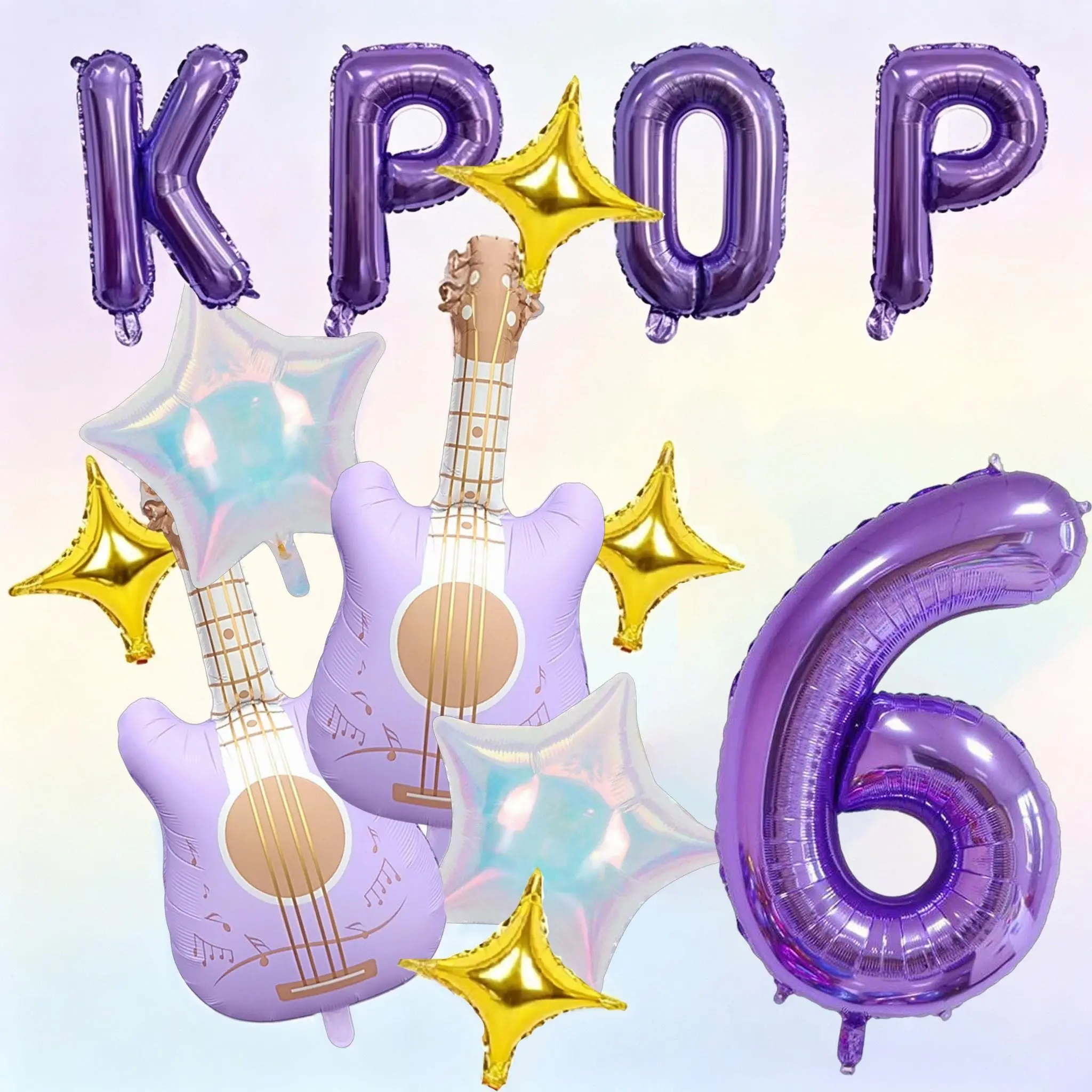 15-Piece K-Pop Music Theme Balloon Set, Includes 32-Inch Number Balloons, 16-Inch Letter Balloons, Star and Guitar Shapes, Suitable for birthday party decorations, music，K-pop themed party setups,Corporate annual galafor，music festivals,  celebrations