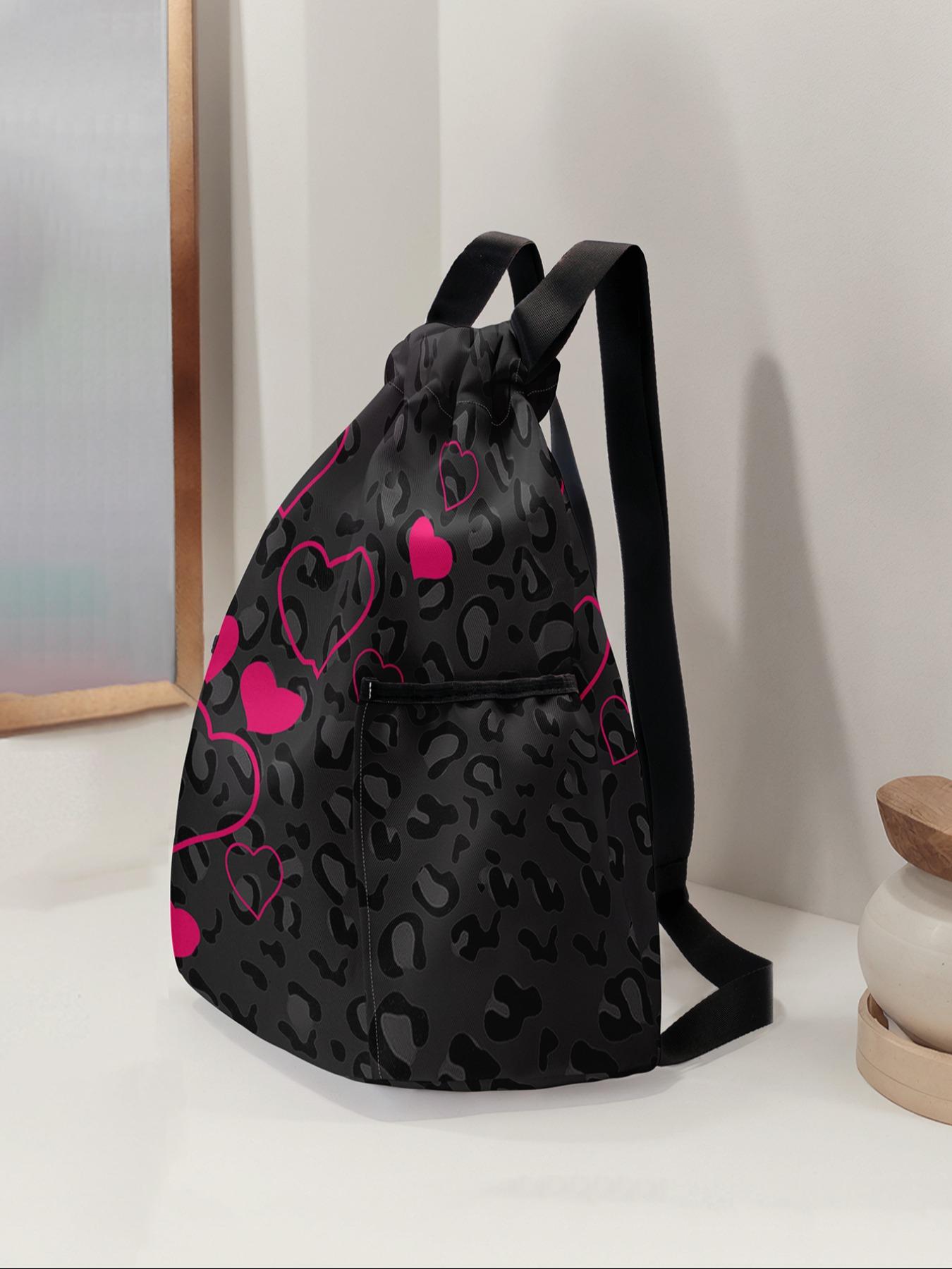 Heart Pattern Drawstring Backpack, Large Capacity Durable Gym Bag, Outdoor Sports Bag, Adjustable Shoulder Straps, Casual Travel Hiking Camping Bag