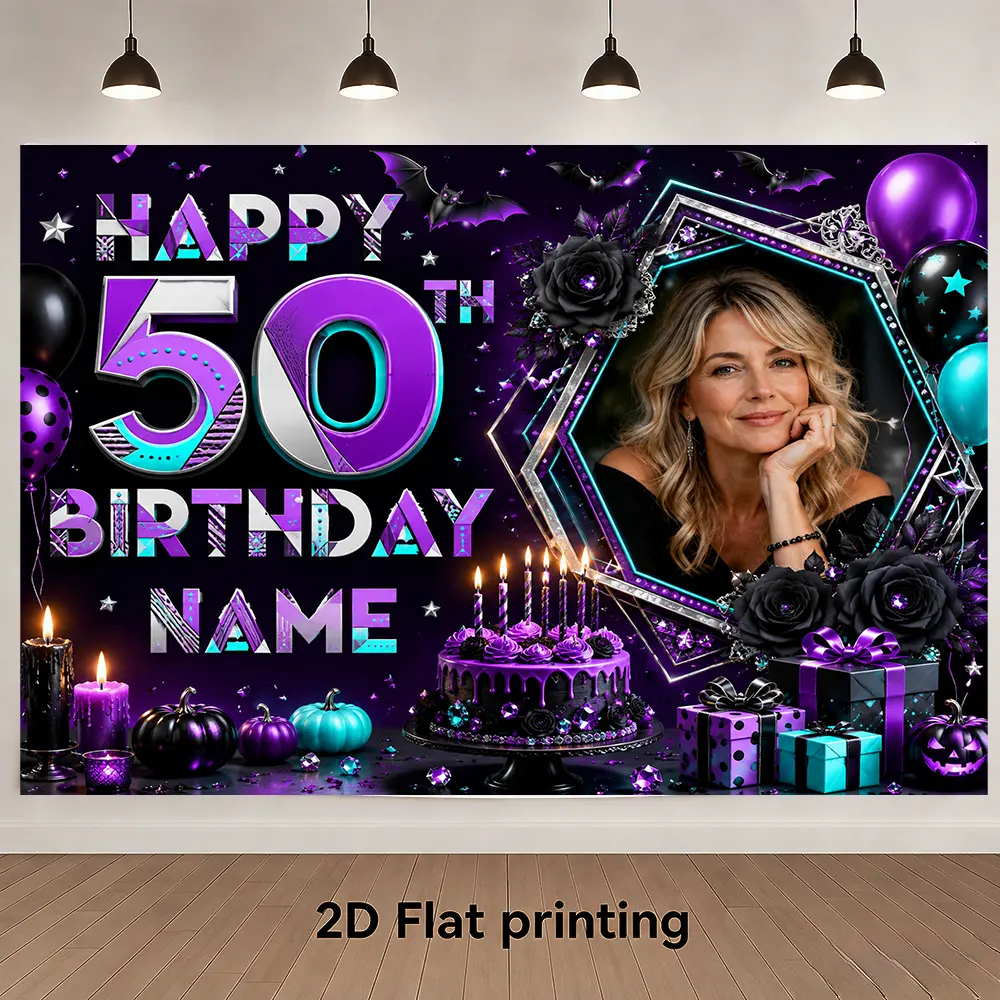Custom 50th Birthday Backdrop, Purple Black Photo Name Decor Custom 50th Birthday Backdrop, Purple Black Photo Name Decor