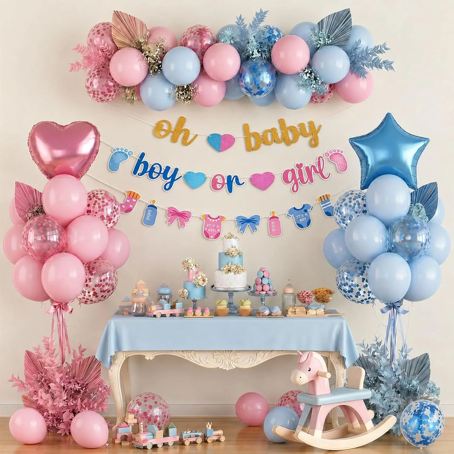 Gender Reveal Latex & Foil Balloon Set with Easy Setup, Star-Heart Confetti Balloons, Letter Print Oh Baby Bunting Banner, Socks, Bottle Paper Garland, Pastel Pink-Blue Decor Kit for Baby Shower Parties