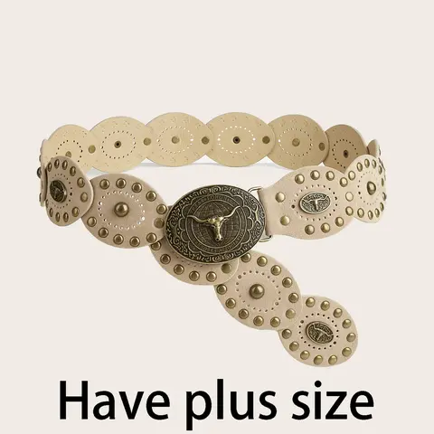Women's Boho Cow Head Rivet PU Belt, Y2K Western Style Buckle Design, Chunky Waistband Accessory for Dresses & Casual, Western Concho Belts, Cowboy Cowgirl Belt, Stylish Belts, Belt With Buckle, Western Accessories