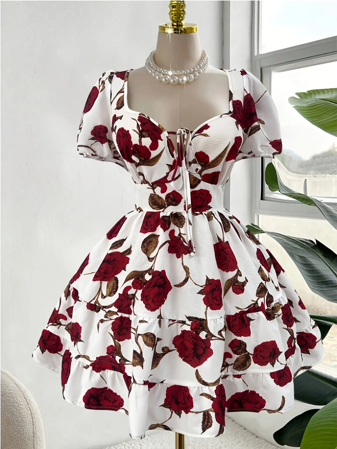 Women's Heart Neckline Floral Rose Print Bubble Sleeve Layered Short Dress, Stylish Casual Summer, Perfect for Daily Wear & Special Occasions
