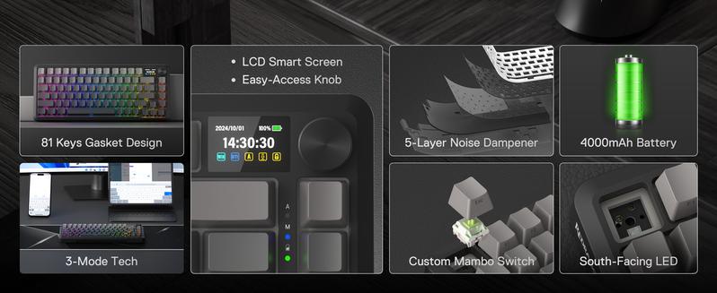 Redragon K724 PRO Wireless Gasket Gaming Keyboard w/Hype 1.14’’ TFT Screen & Knob, 81-Key 75% Mechanical Keyboard, 5-Layer Noise Dampening, Hot-Swap South-Facing RGB Socket, Gradient PBT Keycaps