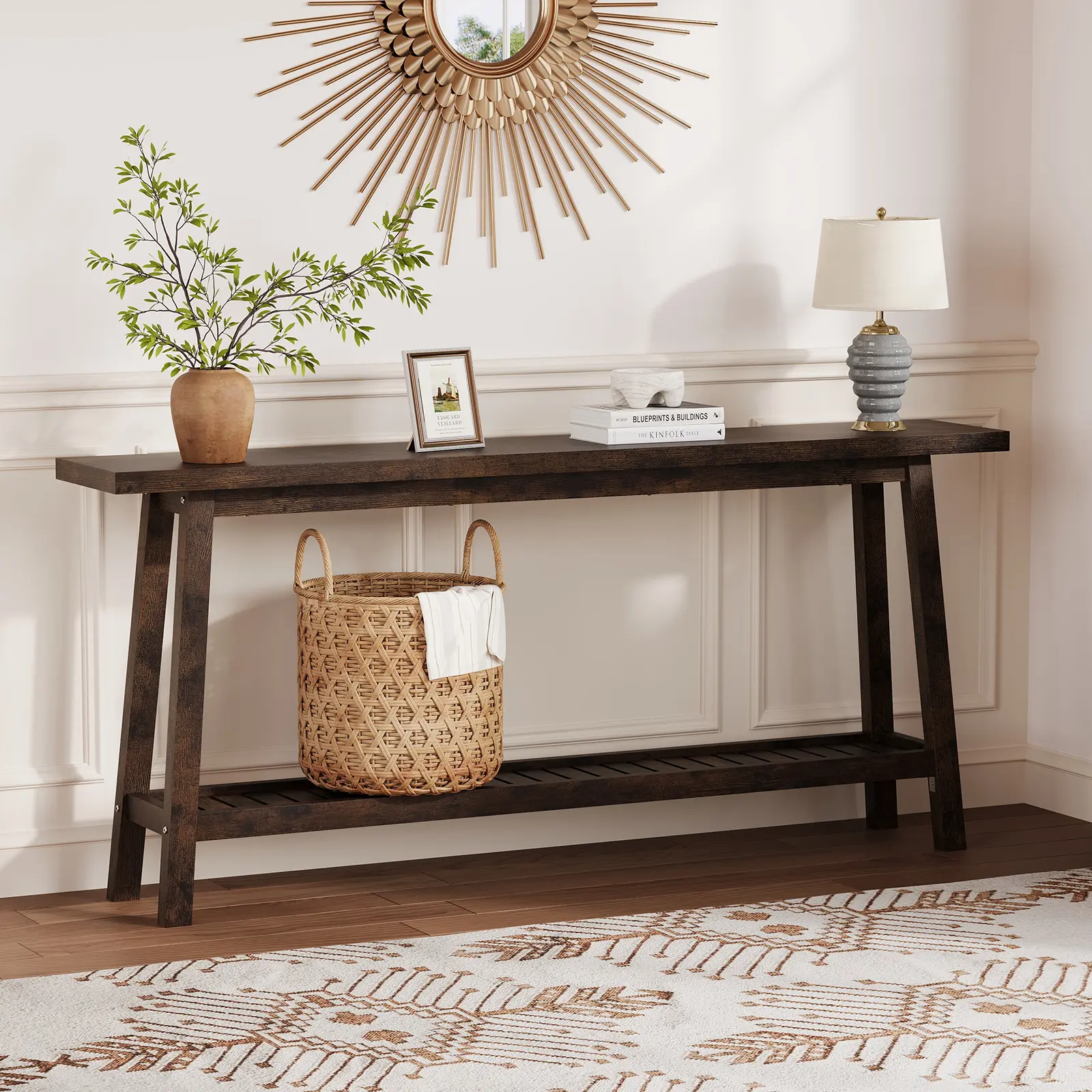 70.9" Extra-Long Console Table, 2-Tier Narrow Sofa Table w/ Storage Shelf - Rustic Industrial Farmhouse Accent for Living Room/Hallway/Behind Couch - Particle Board
