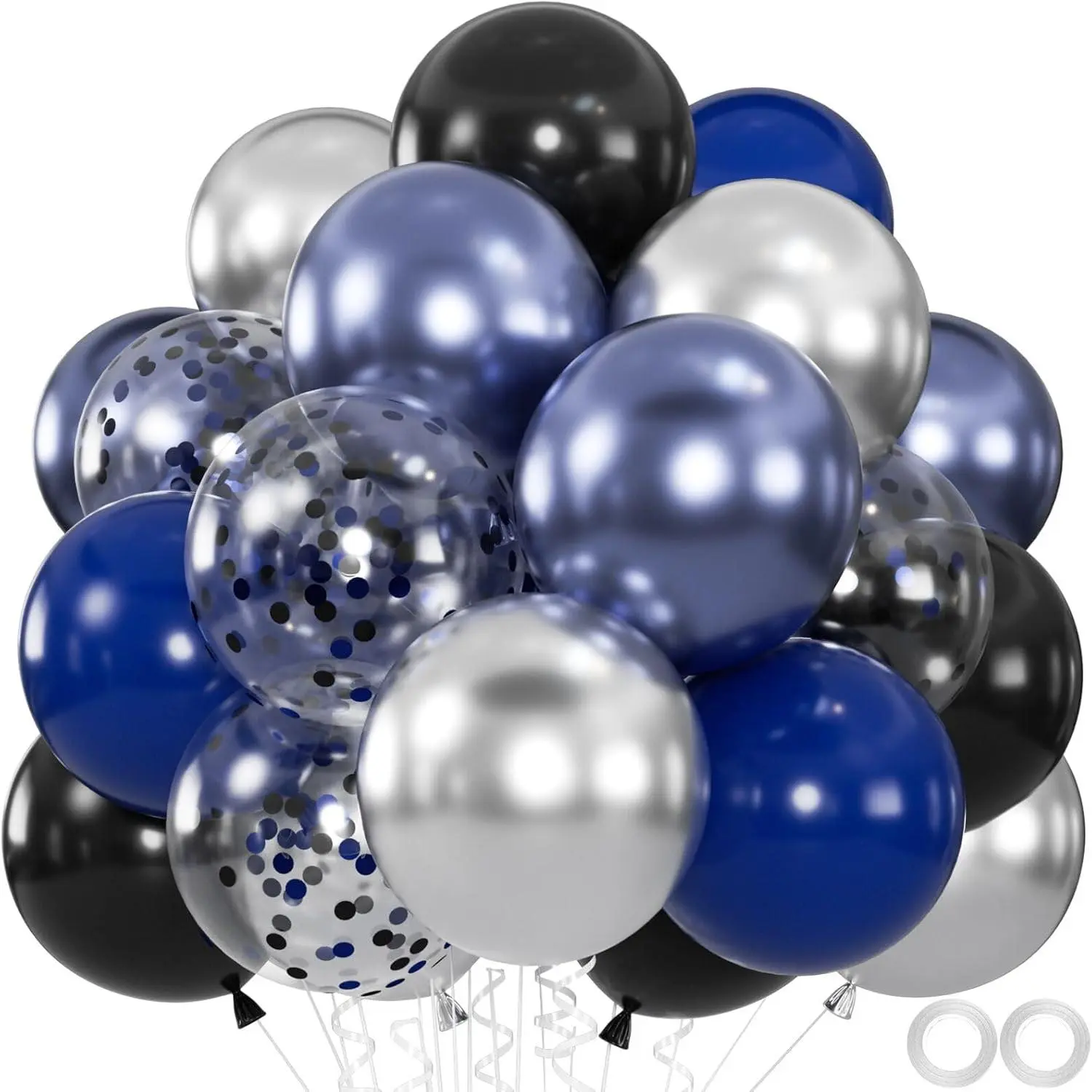 60pcs 12-in Classic Balloon Set - Blue, Black, Navy, Metallic Blue & Silver Confetti Kit with Flowers, Festive Party Supplies for 2026 Graduation, Father's Day, Balloon Arch, Gender Reveal Decorations