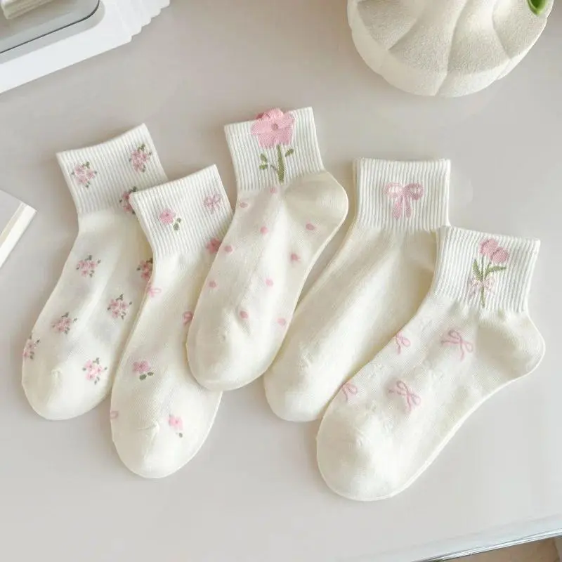 Dreamlikelin 5pc Floral Tulip Motif Women’s Short Socks, Cute Sweet Spring-Summer Bag Accessory Charms & Twillies, Flower Print